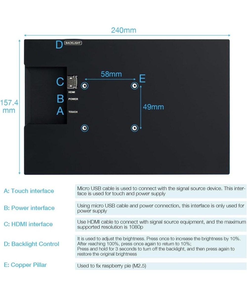 pantalla tactil 10.1 capacitiva HDMI pantalla 1280x800 para Raspberry Pi 5/4/3B