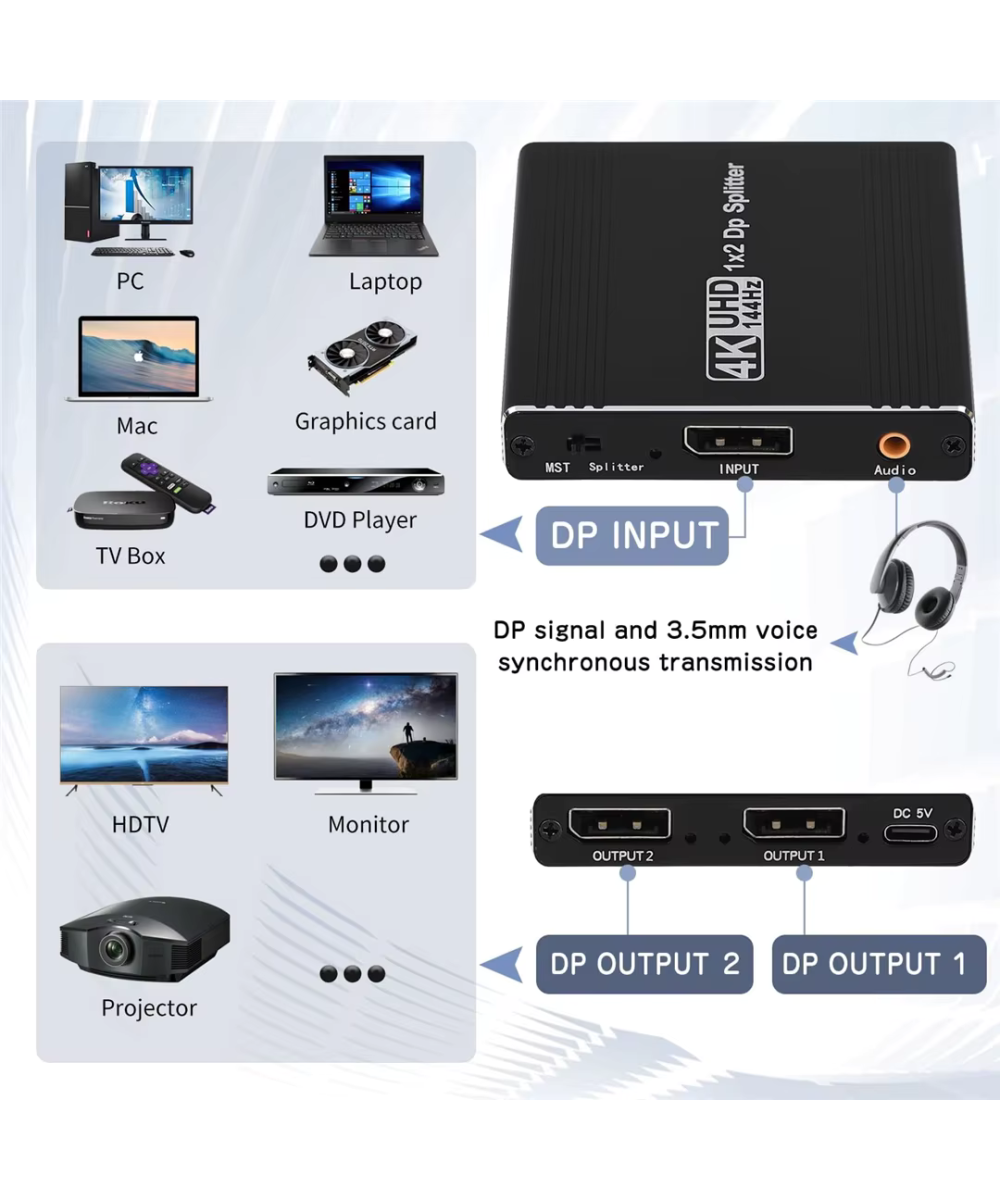 Separador de video Display Port 1 entrada a 2 salidas 4K 120Hz, compatible con MST y SST