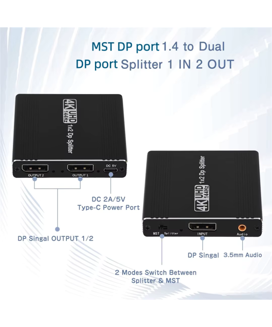 Separador de video Display Port 1 entrada a 2 salidas 4K 120Hz, compatible con MST y SST