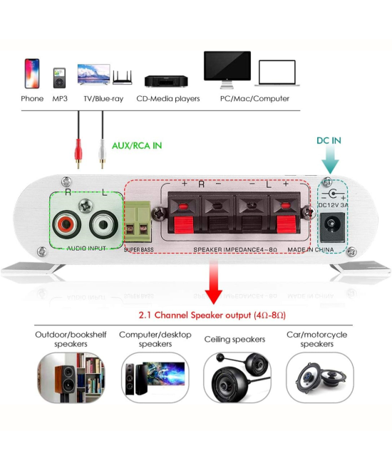 Amplificador de audio estereo Hi-Fi 2.1 LP-838 200W 12-15V